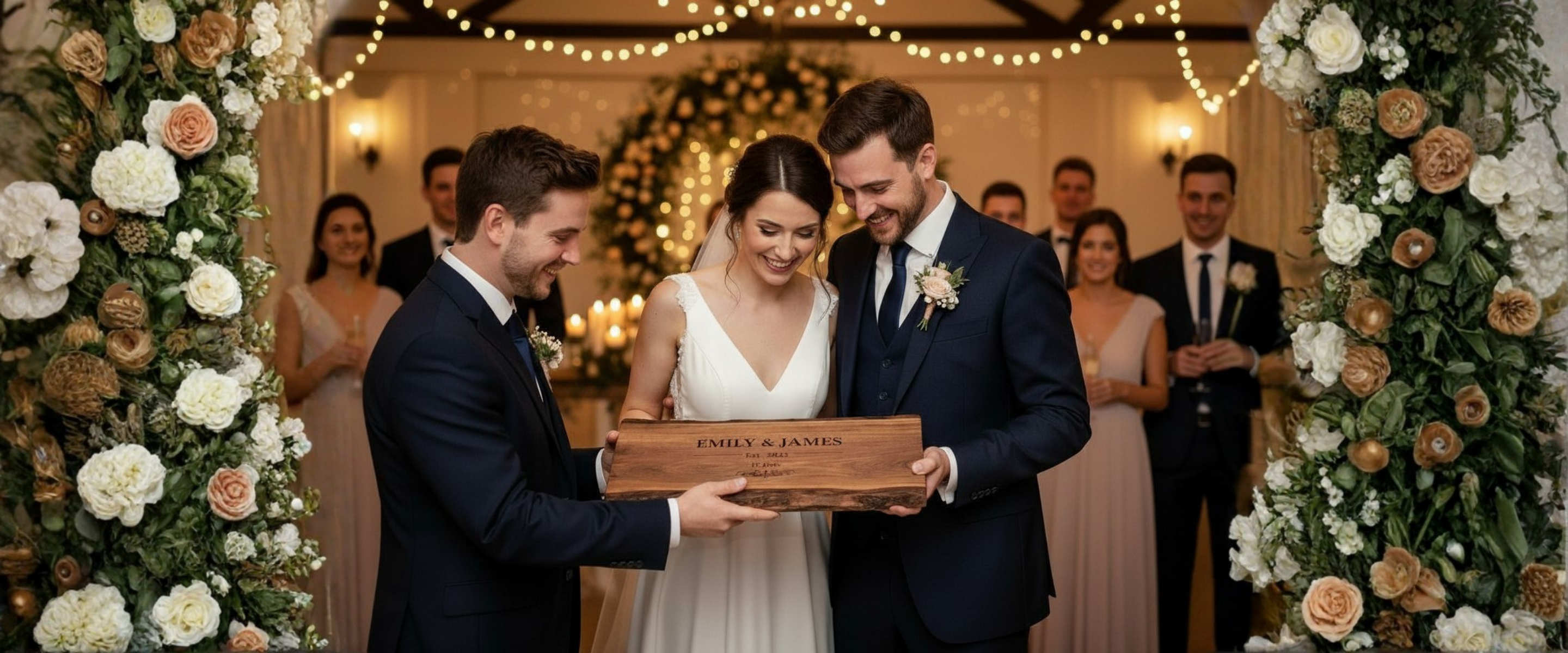 Wedding couple holding a wooden plaque with floral decorations and guests in the background.