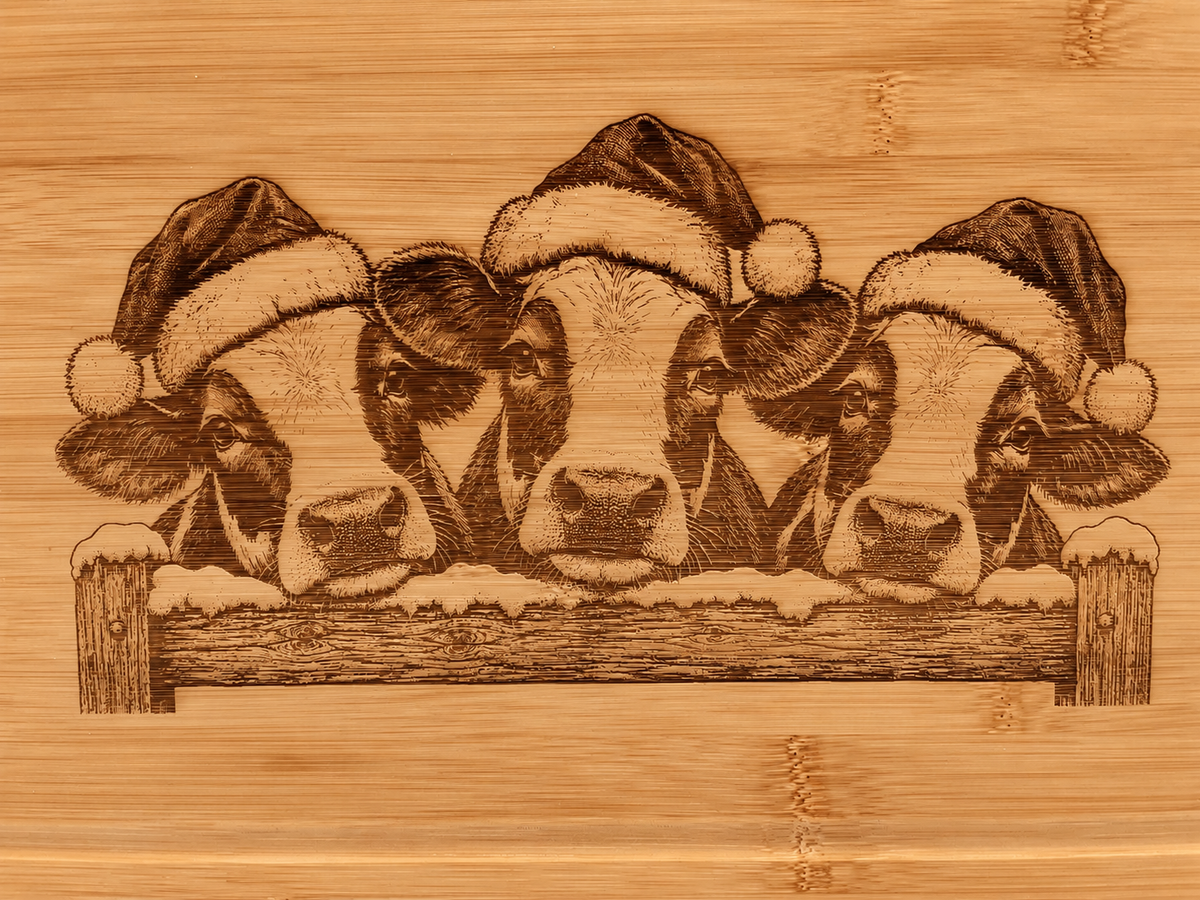 Close-up of Christmas cows engraved on warm honey-toned bamboo with natural grain visible.