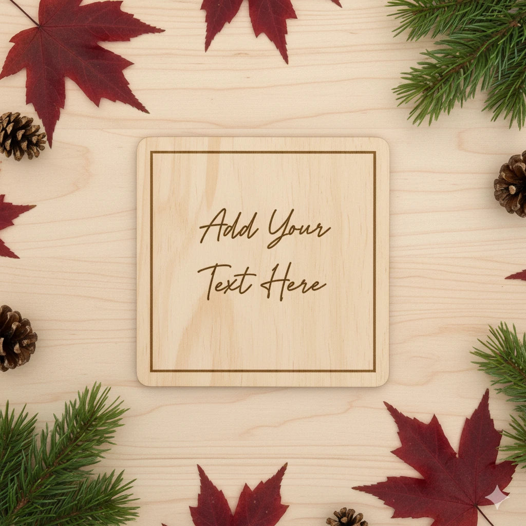 A square light wood coaster with rounded corners and engraved text reading 'Add Your Text Here'