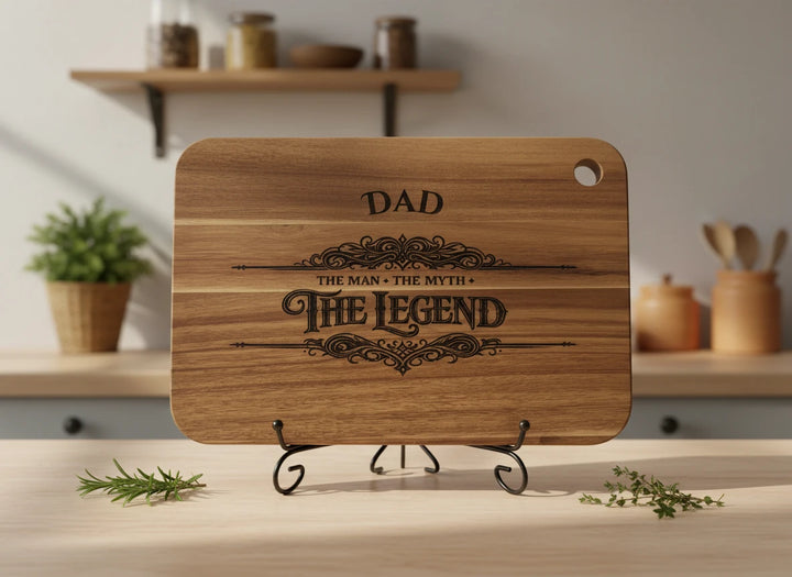 Personalized wood serving board with Dad the Man the Myth the Legend engraving.