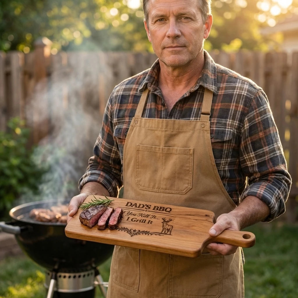 Man holding a wooden cutting board with 'Dad's BBQ' engraving, standing in a backyard with a grill.