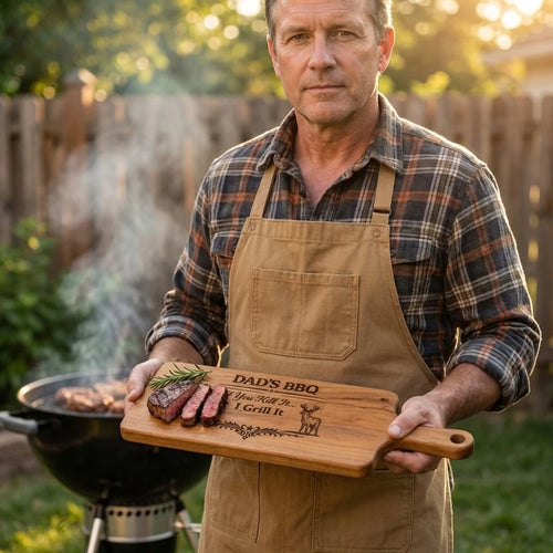 Man holding a wooden cutting board with 'Dad's BBQ' engraving, standing in a backyard with a grill.