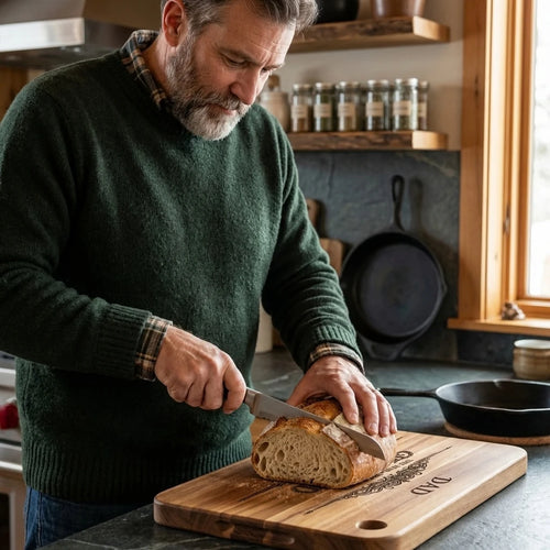 Man in a green sweater cutting bread on a wooden cutting board in a kitchen.