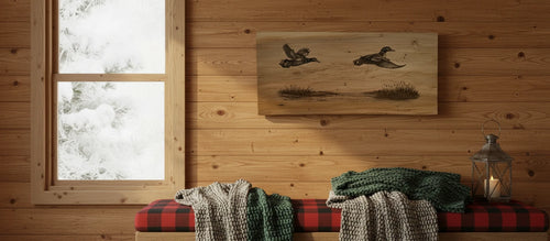 A rustic wooden wall art piece depicting two ducks in flight, displayed on a wood-paneled wall above a red plaid bench with knitted blankets and a lantern.