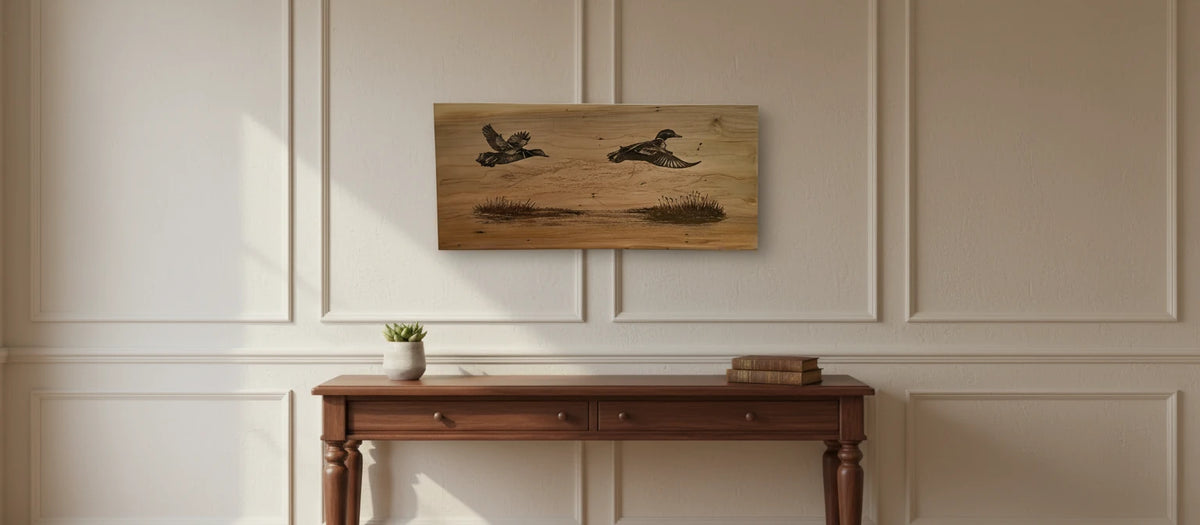 A rectangular wooden wall art piece featuring two flying ducks, displayed on a beige paneled wall above a dark wood console table with a small plant and books.