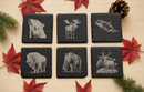 Six engraved wildlife slate coasters arranged with maple leaves, evergreen branches and a pinecone.