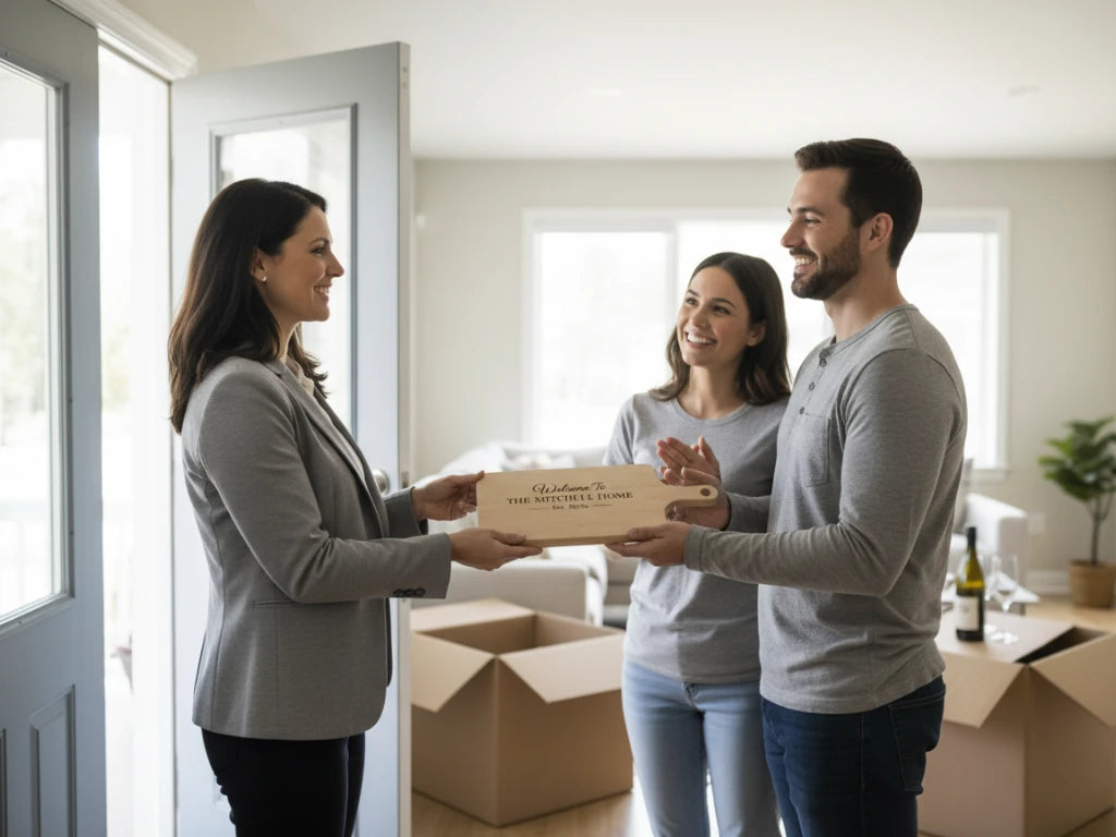 Real estate agent handing over keys to a couple in a new home