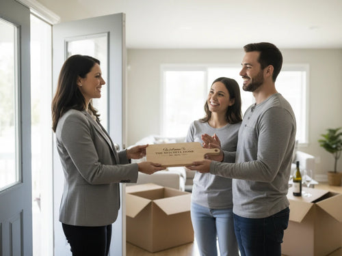 Real estate agent handing over keys to a couple in a new home