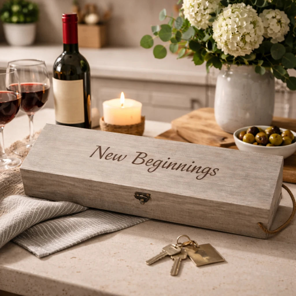 A rustic wooden gift box engraved with 'New Beginnings' sits on a kitchen counter next to a wine bottle, two wine glasses, a candle, keys, and a vase of flowers.