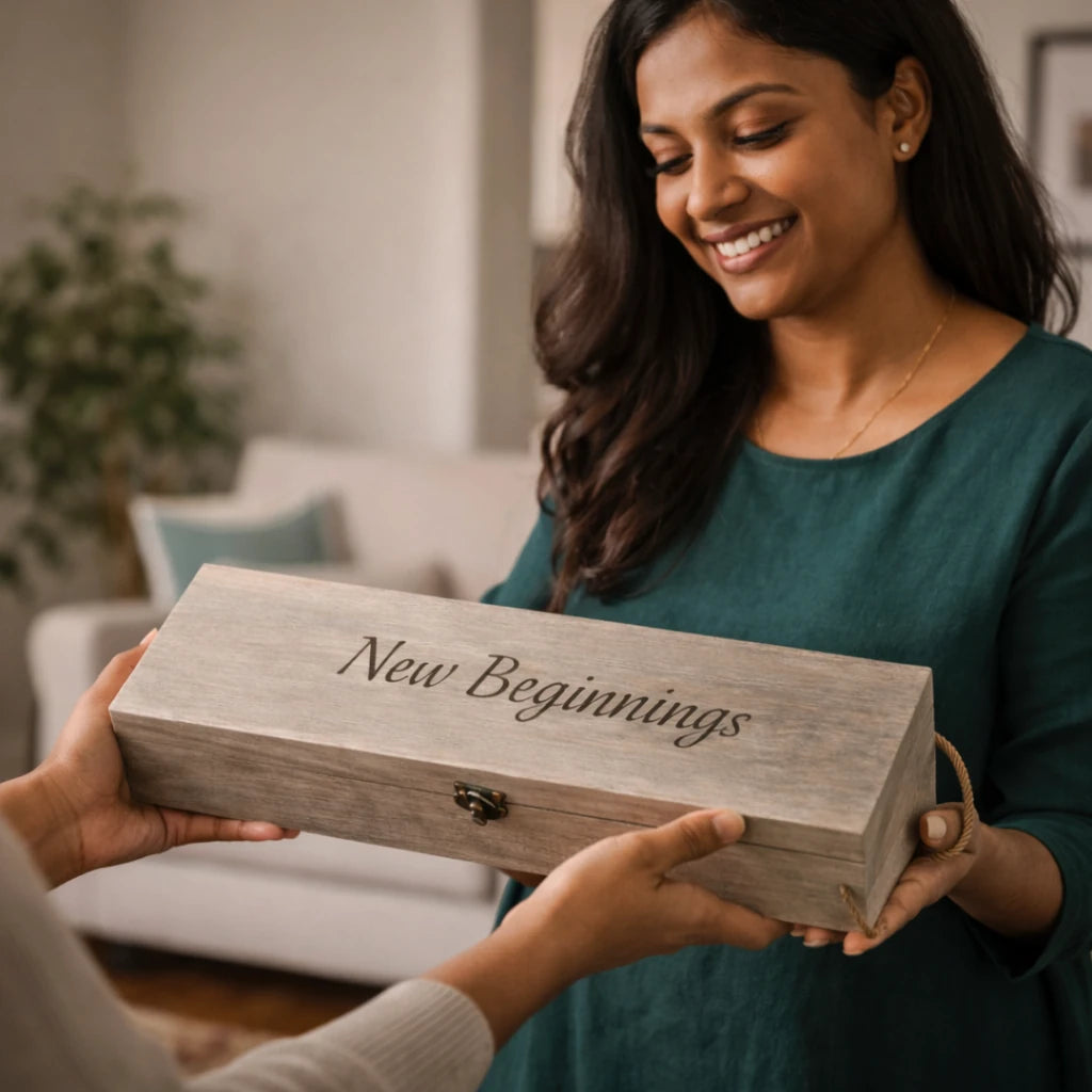Woman receiving a wooden box with 'New Beginnings' engraving in a home setting.