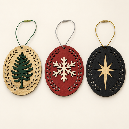 Three handmade double-sided layered wood Christmas ornaments: evergreen, snowflake and star