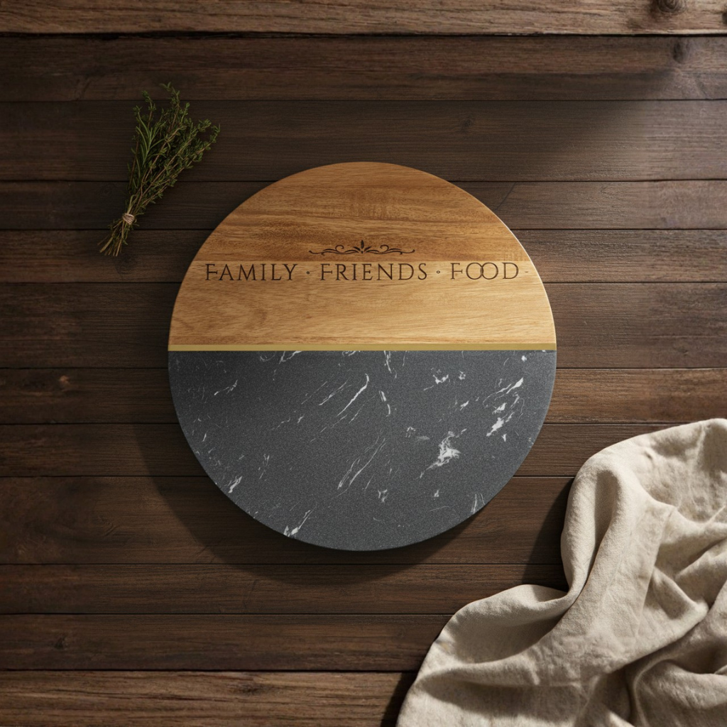 Personalized Marble & Acacia Charcuterie Serving Board - Round