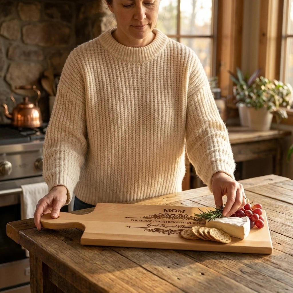 Woman in a kitchen preparing a cheeseboard with a personalized cutting board.