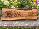 Personalized Moe’s Happy Place live edge sign with a styled garden background