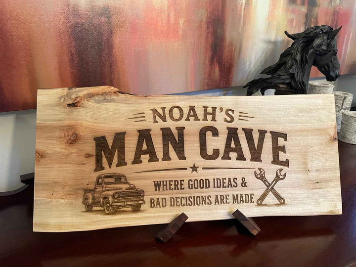 Personalized Noah’s Man Cave live edge wood sign with vintage truck and tools