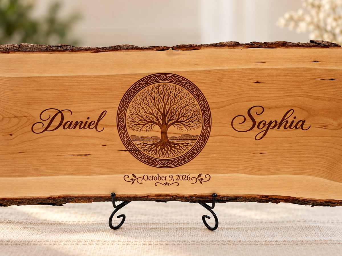 Close-up of a personalized live-edge wedding board with Tree of Life engraving, custom names and wedding date.