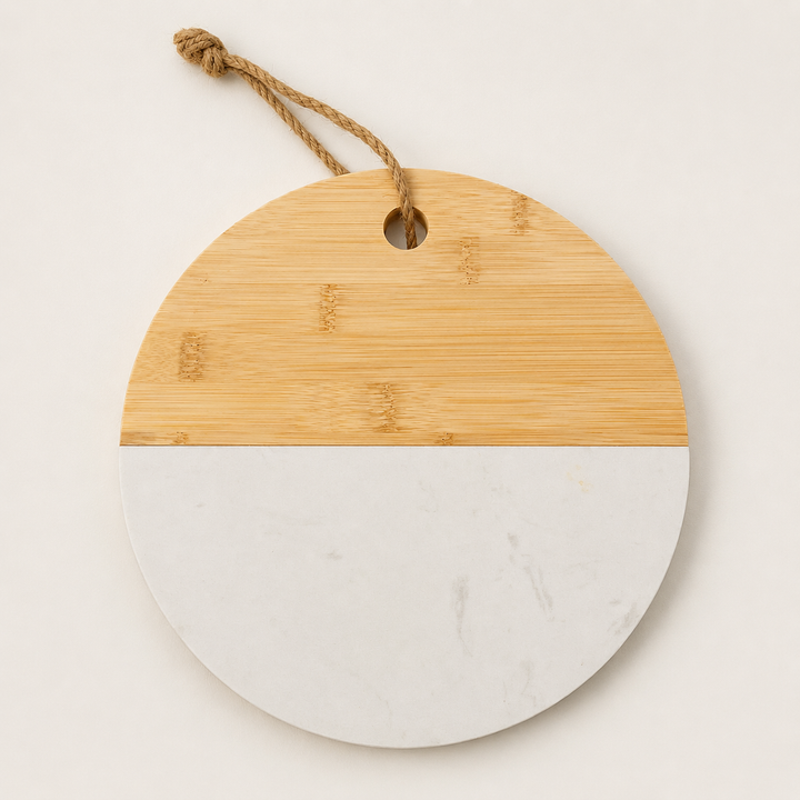 Personalized round bamboo and white marble serving board