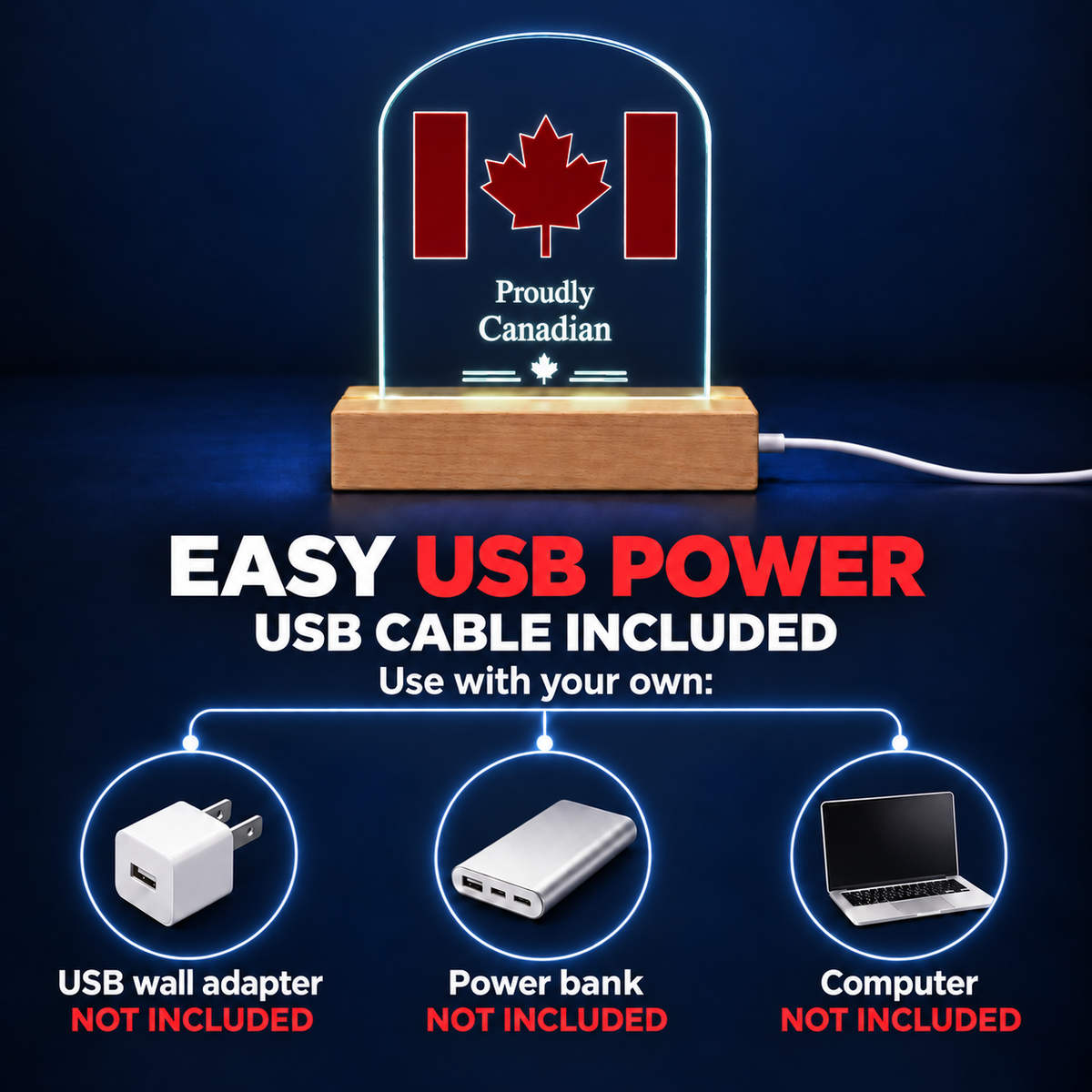 Proudly Canadian acrylic LED display with USB cable included; use your own USB wall adapter, power bank or computer.