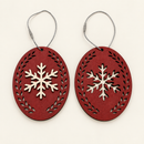 Front and back of a red and natural layered wood snowflake Christmas ornament