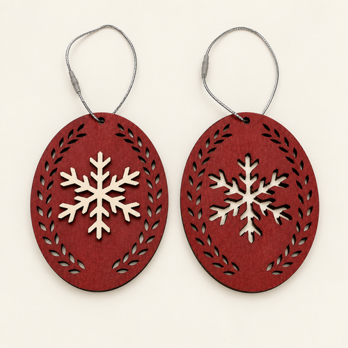Front and back of a red and natural layered wood snowflake Christmas ornament