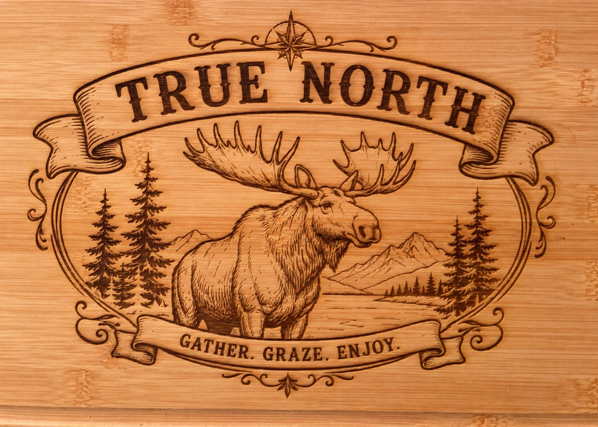 Close view of the True North Moose engraving on natural honey-toned bamboo