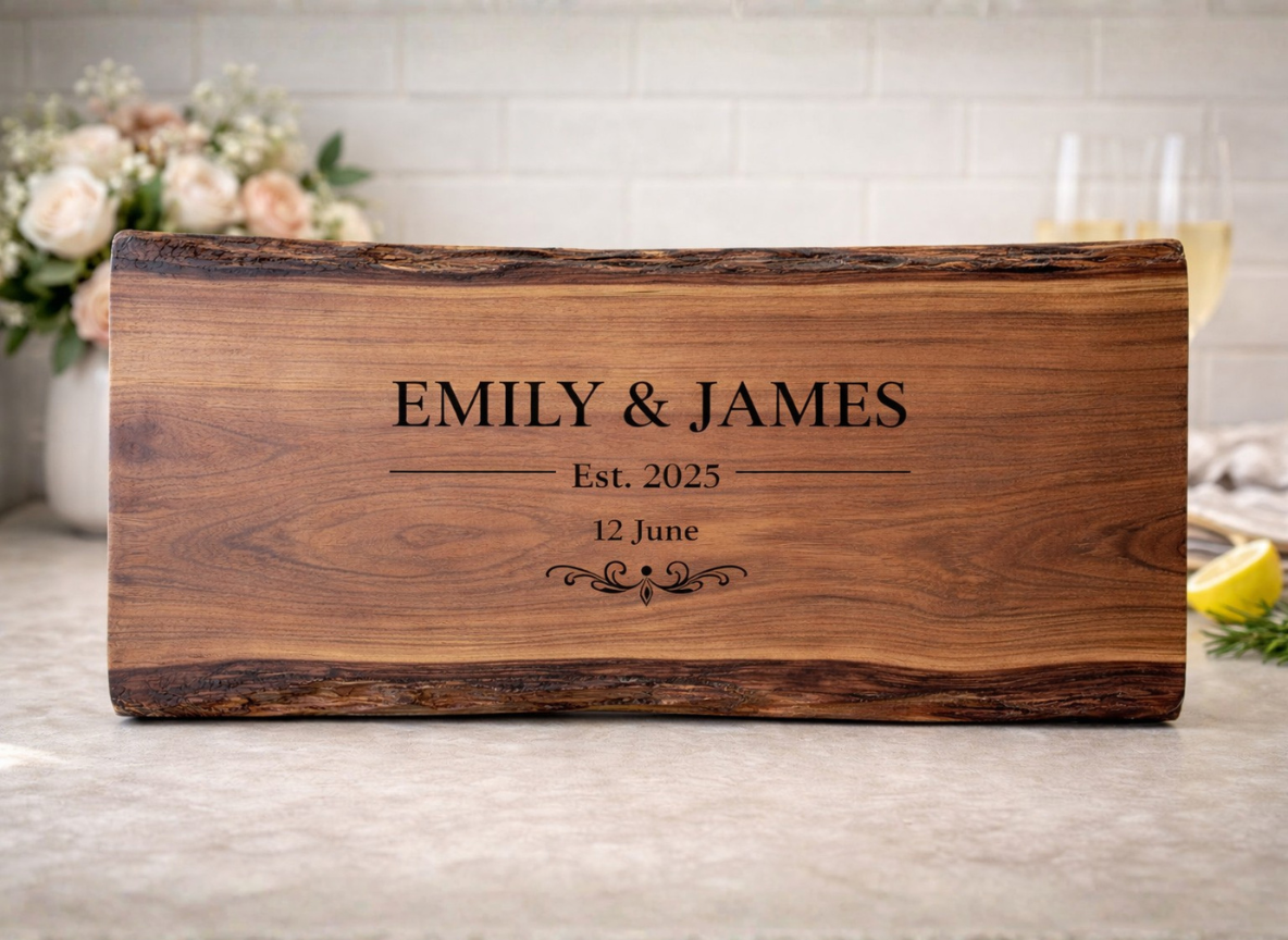 Personalized Wedding Gift Cutting Board – Custom Engraved Live Edge