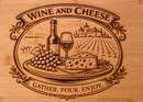 Close view of the Wine and Cheese engraving on natural honey-toned bamboo