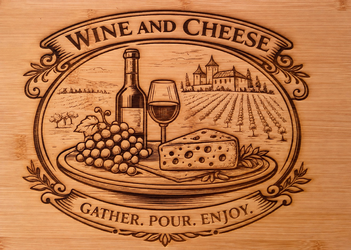 Close view of the Wine and Cheese engraving on natural honey-toned bamboo