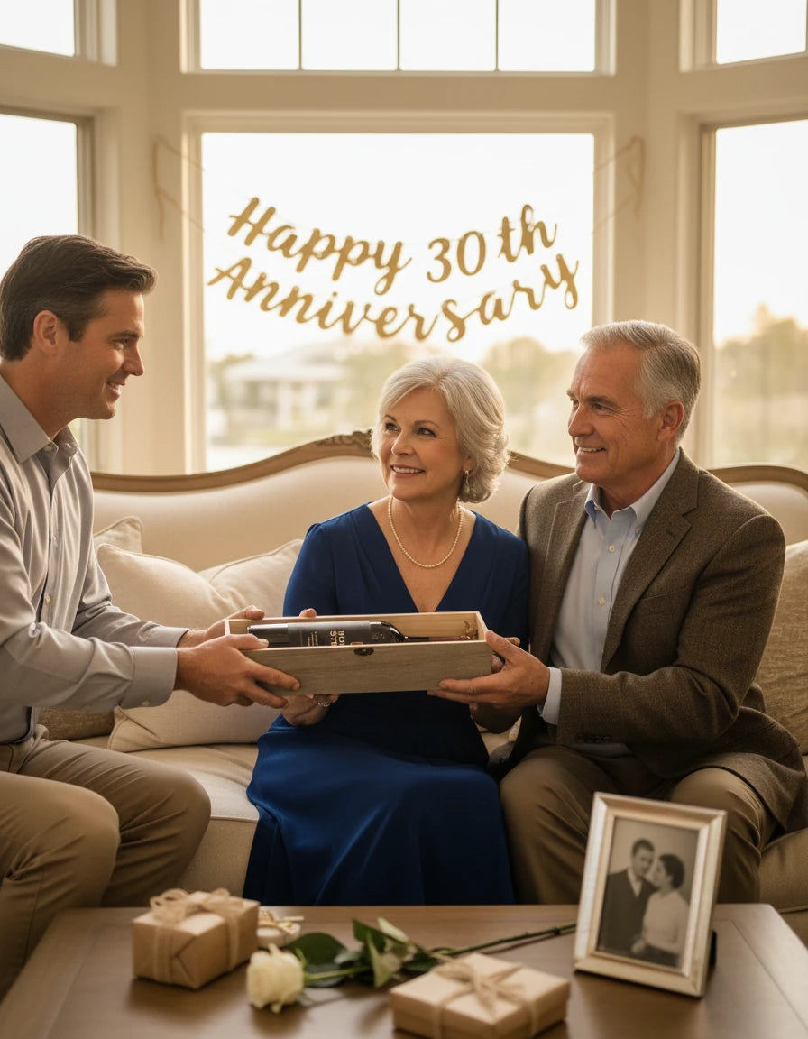 Man presenting a gift to an older couple on their 30th anniversary in a living room.