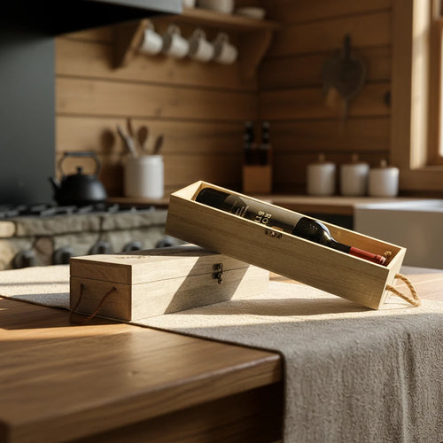 A wooden wine gift box with a handle and a wine bottle inside, displayed on a wooden table in a warm, rustic kitchen setting.
