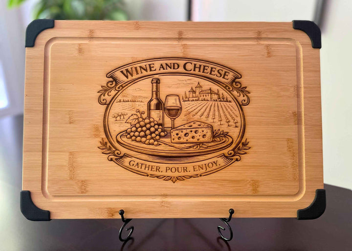 Wine and Cheese engraved bamboo serving board